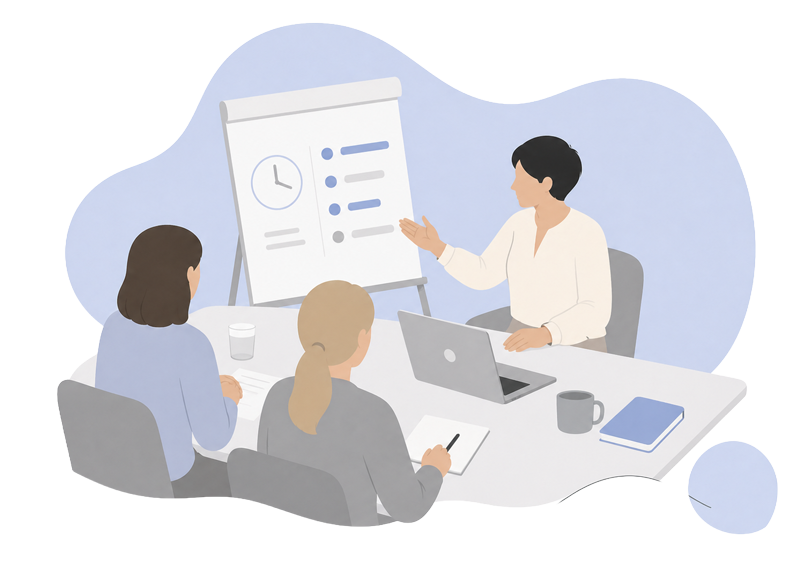 Illustration zu Zeitmanagement und Arbeitsorganisation bei decira system – Workshop zur Priorisierung von Aufgaben, klaren Abläufen und effizientem Arbeiten.