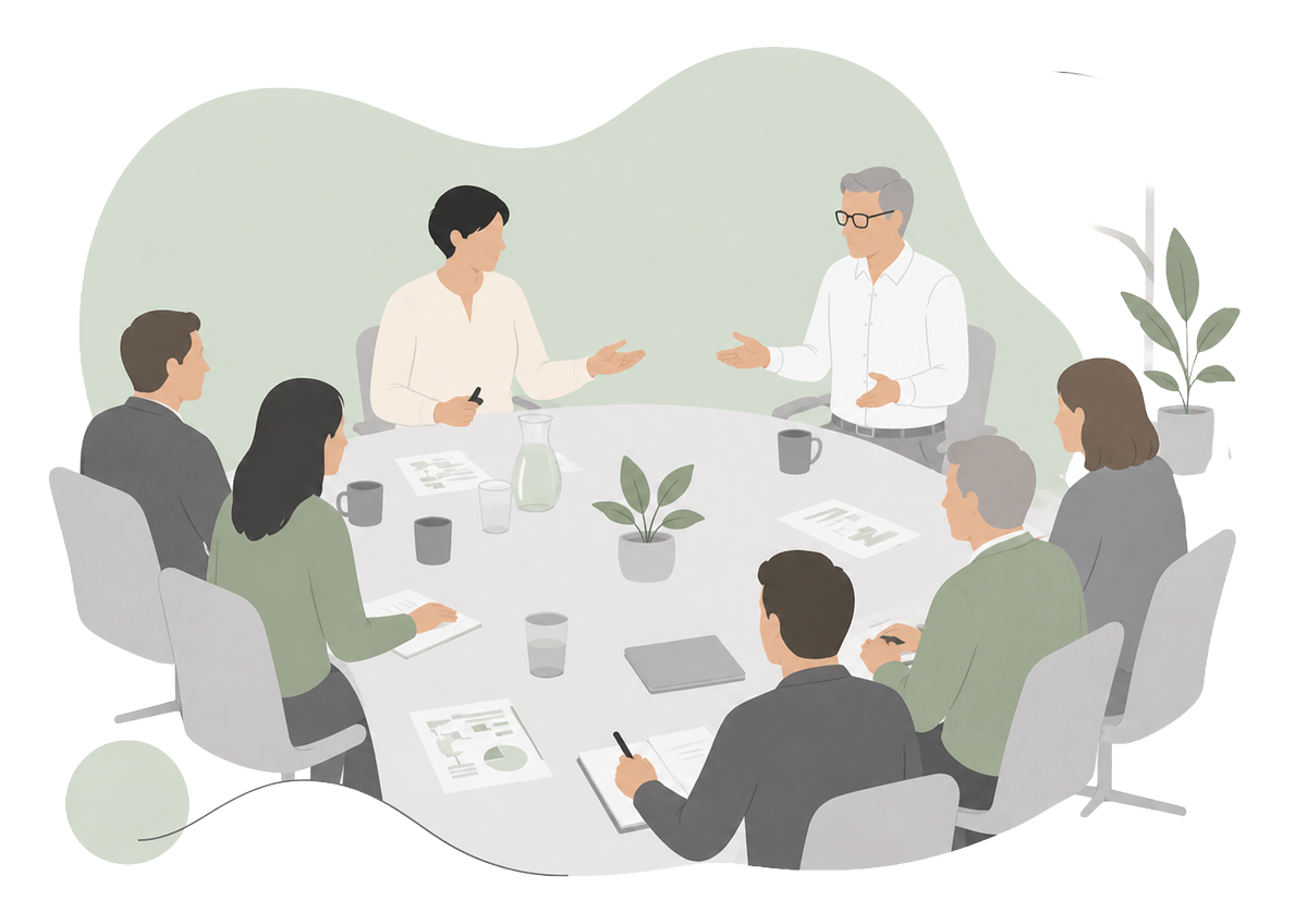Illustration zur Familienmediation bei decira transition – Klärung von Konflikten, Rollen und Erwartungen in Familien und Familienunternehmen.