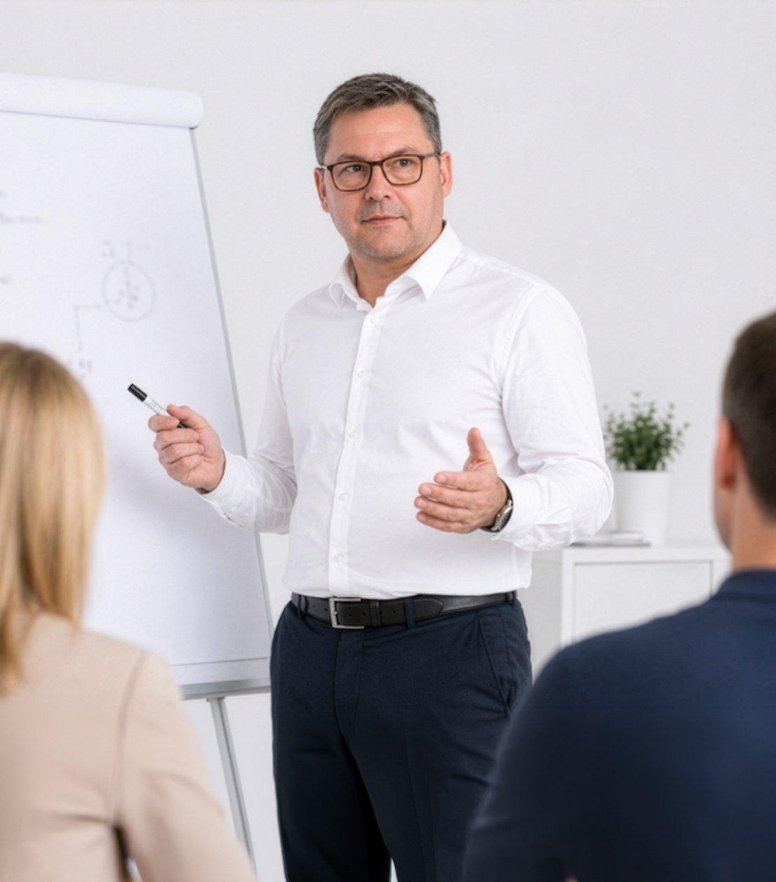 Marco Frei von decira system moderiert einen Workshop am Flipchart – Coaching und Begleitung für Führungskräfte und KMU zu Führung, klaren Rollen, Struktur, Organisation und Entscheidungsfähigkeit.