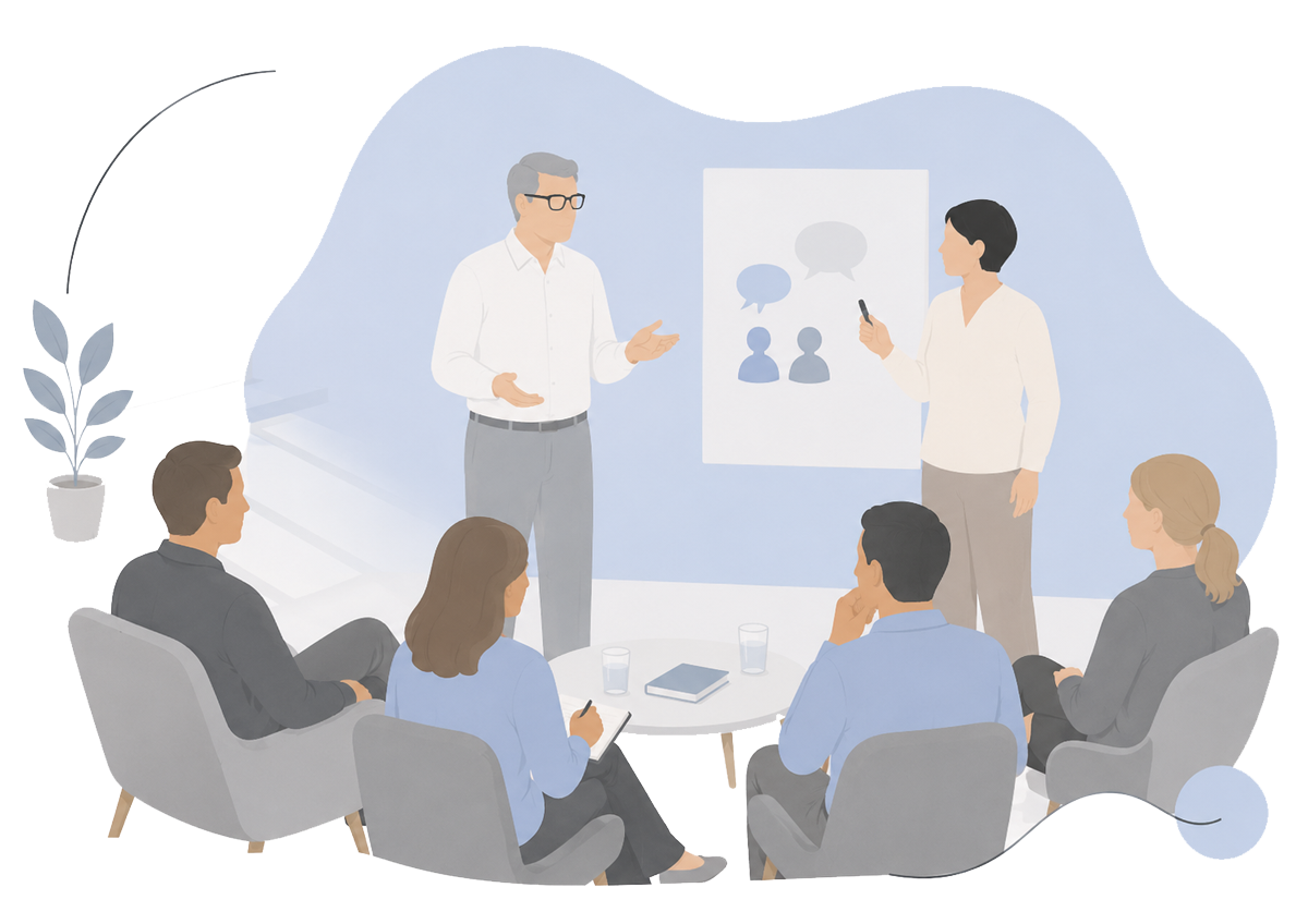 Illustration zur Kommunikation bei decira system – Zusammenarbeit, Moderation, Gesprächsführung und überzeugendes Auftreten im beruflichen Umfeld.