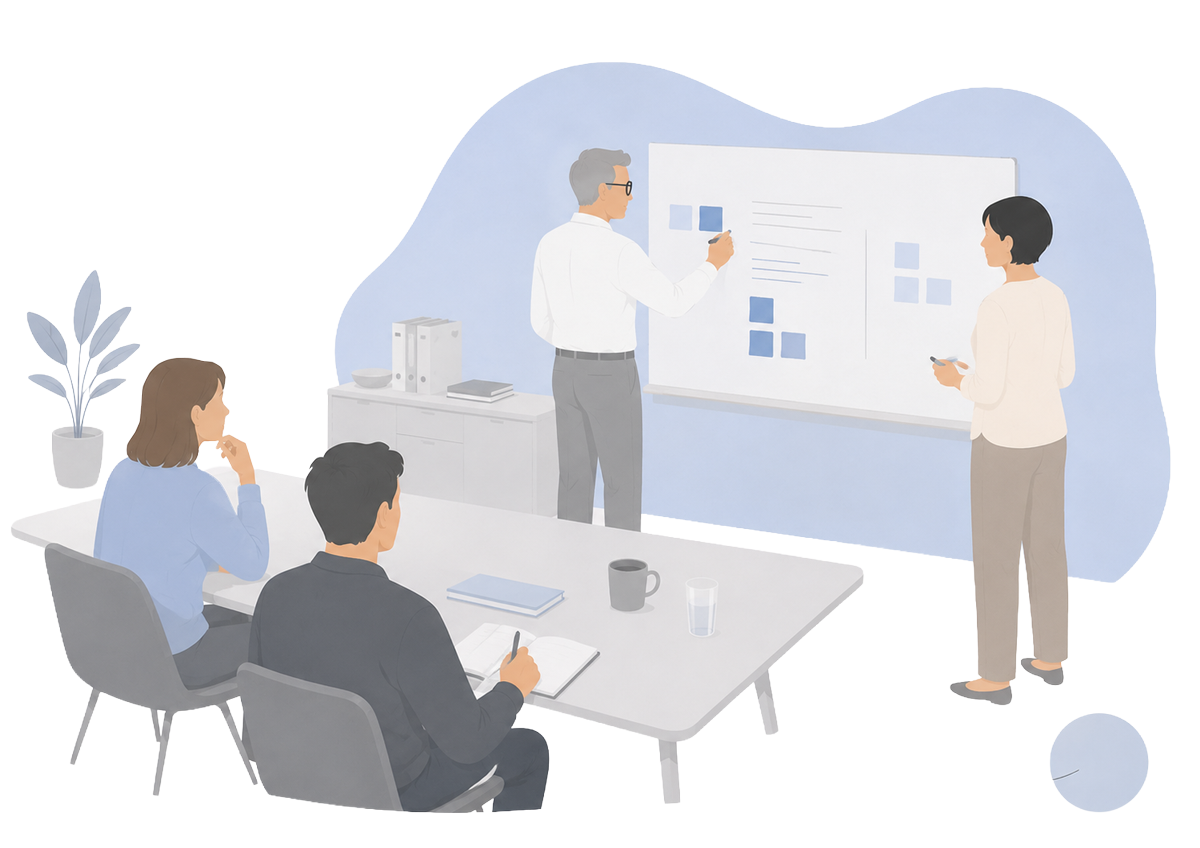 Illustration zu New Work bei decira system – Teamworkshop zu agilem Arbeiten, Zusammenarbeit, Homeoffice und moderner Arbeitsorganisation.