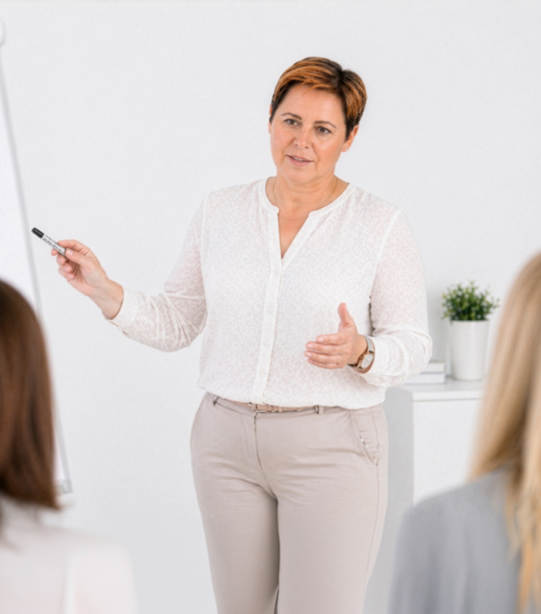 Nicole Klingel von decira transition moderiert ein Gespräch am Flipchart – Begleitung bei Veränderungen, Entscheidungen, Konflikten und Klärungsprozessen im privaten und beruflichen Umfeld.