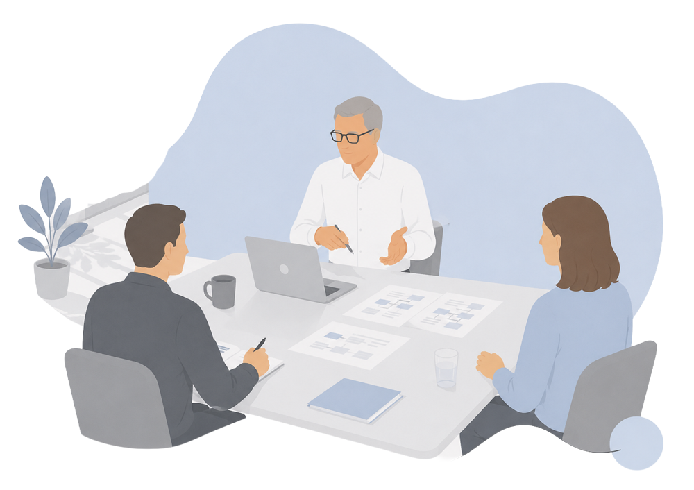 Illustration eines Organisationsgesprächs bei decira system – Prozesse, Rollen und Zuständigkeiten im Unternehmen strukturiert klären, im Rahmen einer Organisationsentwicklung.