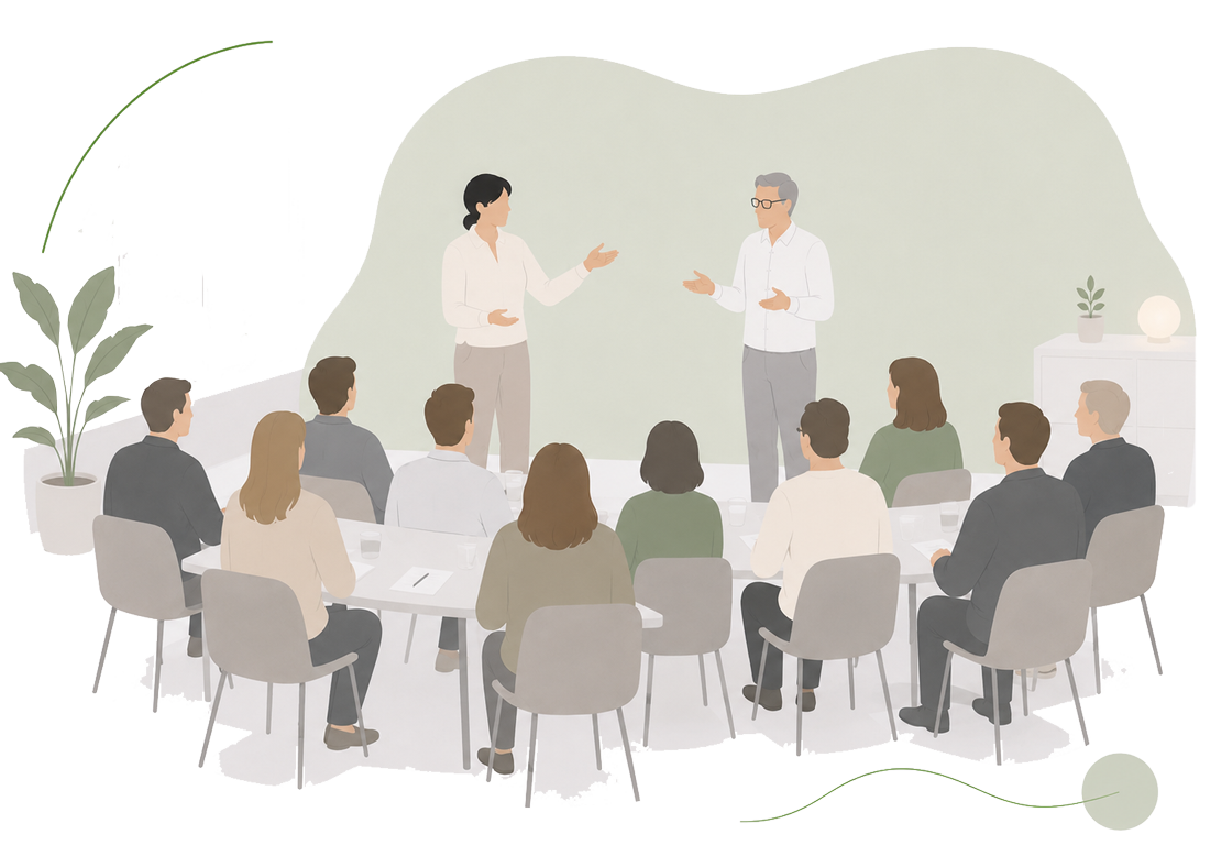 Illustration zur Teammediation bei decira transition – Konflikte klären, Rollen und Erwartungen abstimmen und Zusammenarbeit im Team verbessern.