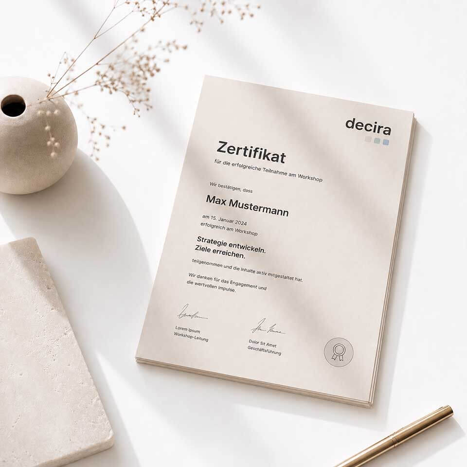 decira Zertifikat für die erfolgreiche Teilnahme an einem Workshop – Symbol für praxisnahe Weiterbildung, Strategieentwicklung, Zielklarheit und wirksame Umsetzung.