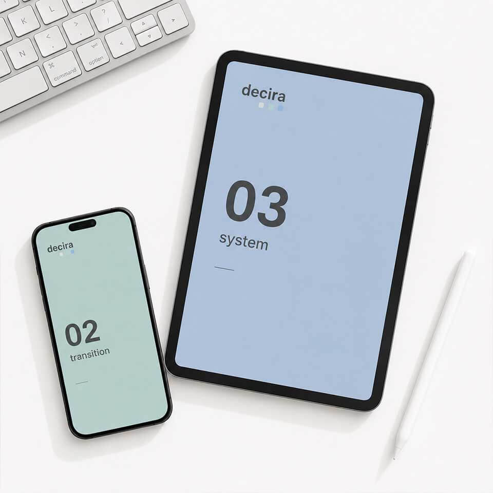 Digitale Darstellung von decira auf Smartphone und Tablet – decira transition für Coaching, Mediation und Veränderungsprozesse sowie decira system für Führung, Struktur und Organisation.