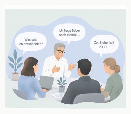 Team im Gespräch mit Geschäftsführung – Symbol für Rückfragen, Absicherung und fehlenden Entscheidungsraum.