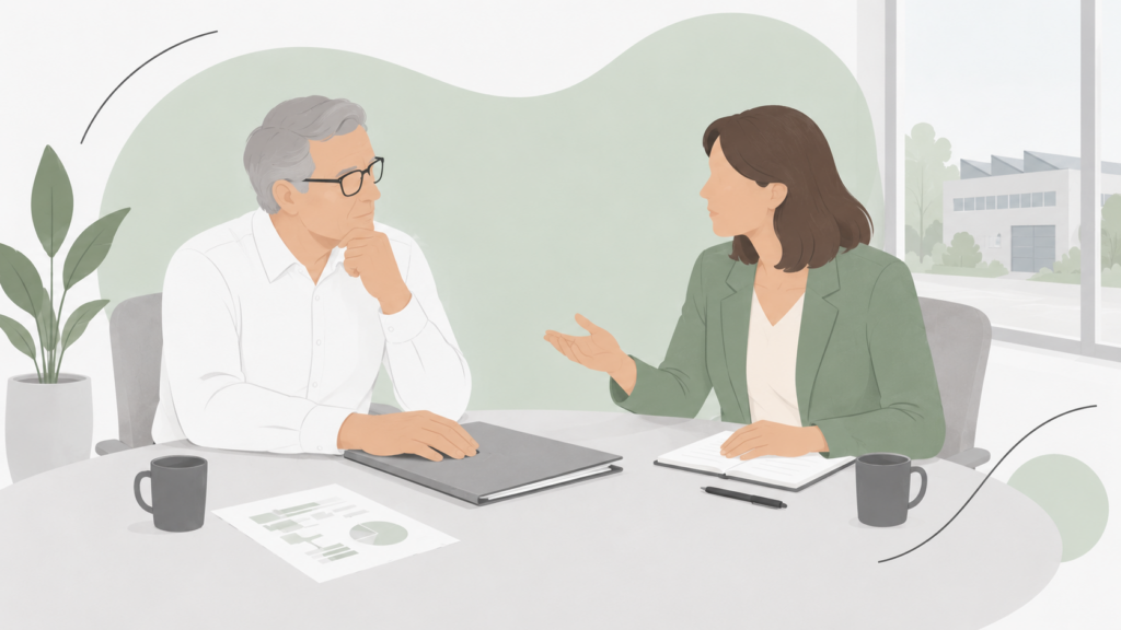 Illustration eines Seniorunternehmers und seiner Nachfolgerin im Gespräch über die Unternehmensübergabe.