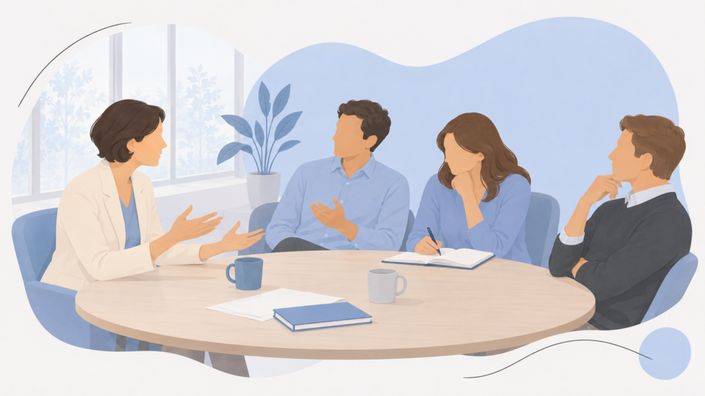 Illustration einer Führungskraft im Gespräch mit drei Teammitgliedern an einem Besprechungstisch.