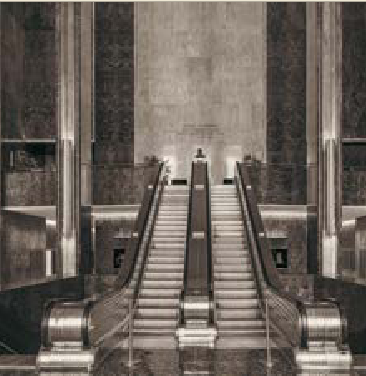 Zwei nebeneinanderliegende Rolltreppen in einer hohen Halle.